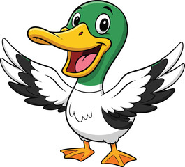 Cartoon Vector Illustration of Happy Duck Character with Green Head, Spread Wings, and Cheerful Expression on White Background