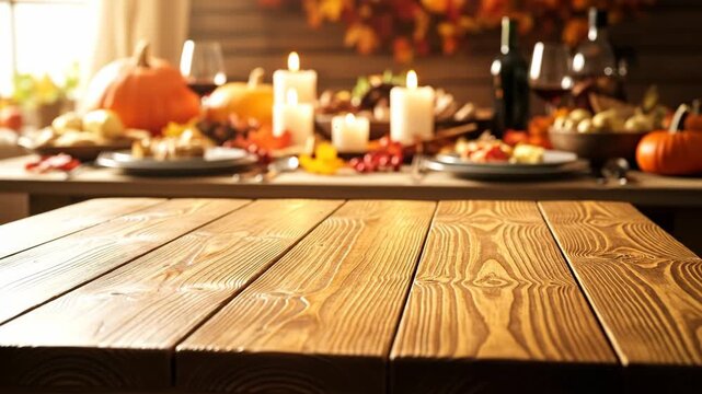 Thanksgiving Tabletop with Festive Background - A close-up view of a rustic wooden table with a blurred background showing a Thanksgiving feast.