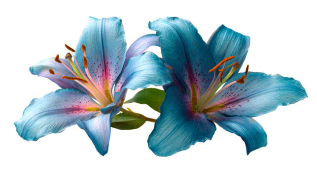 Two vibrant blue lilies with delicate pink speckles and orange anthers on white background
