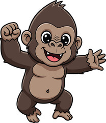 Cartoon Vector Illustration of Happy Gorilla Standing Upright with Raised Fists, Open Mouth, and Muscular Body on White Background