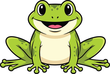 Cartoon Vector Illustration of Happy Green Frog Sitting with Big Eyes, Smiling Mouth, and Spotted Limbs on White Background