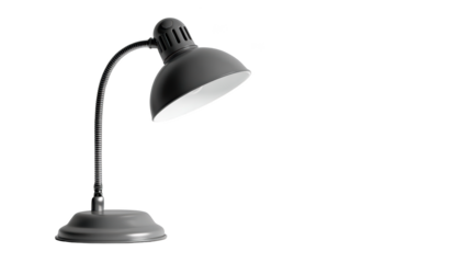 Gray desk lamp with bright light against a black background