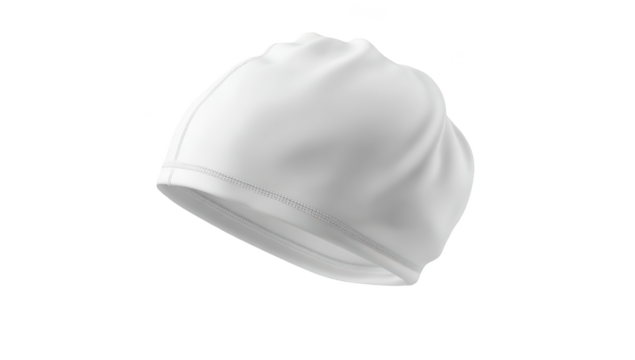 White swim cap, wrinkle-textured, rubbery material, used in water activity and swimming