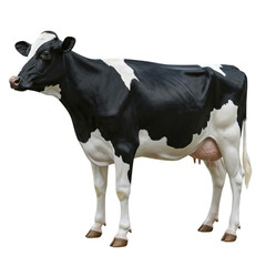 Isolated black and white holstein dairy cow standing in profile for milk production and farming images on transparent background