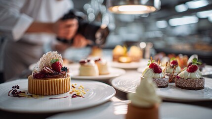 A pastry chef's table with apple desserts mid-preparation, styled dynamically