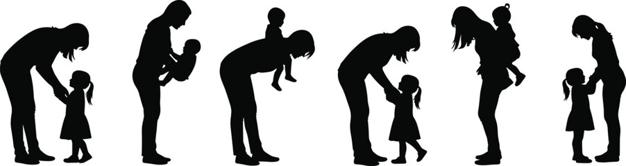 PrintBlack silhouette sequence of mother and child growth stages, parenting bond, nurturing care, family love, raising children illustration vector design
