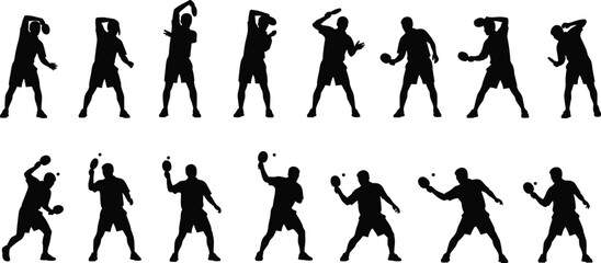 PrintBlack silhouette sequence showing table tennis serve stages with paddle and ball, sports motion illustration for training, coaching, and athletic design