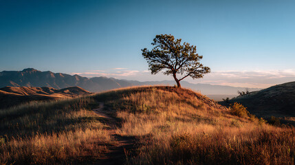 Obraz premium Sunrise over rolling hills with a lone tree under a clear sky in a peaceful natural setting