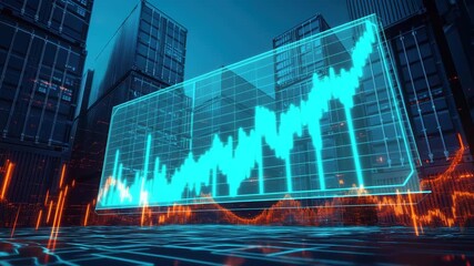 Futuristic cityscape with glowing digital financial chart showing market growth and economic progress against a backdrop of modern skyscrapers 4k video - Powered by Adobe