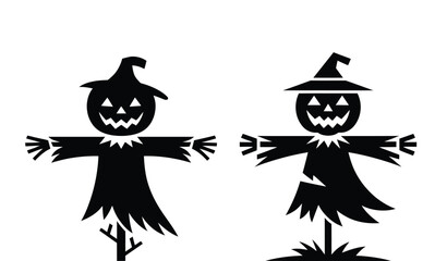 Spooky Halloween silhouettes of scarecrows with carved pumpkin faces for festive decorations and party invites