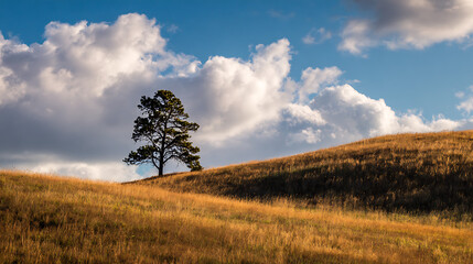 Obraz premium Golden hills and solitary tree under a blue sky with clouds at sunset
