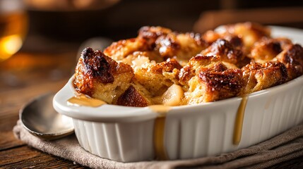 Apple bread pudding with crispy edges, styled with golden lighting