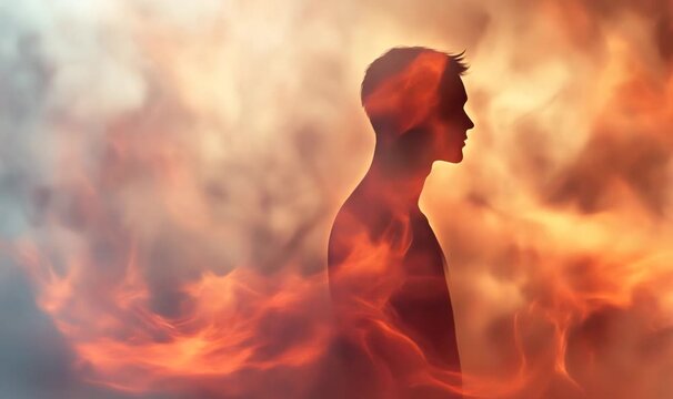 Silhouette of man burning in fiery hell, experiencing eternal torment and damnation