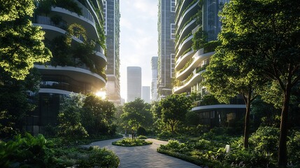 Modern city with skyscrapers covered in greenery and trees concept of eco architecture sustainable development and harmony between nature and urbanism