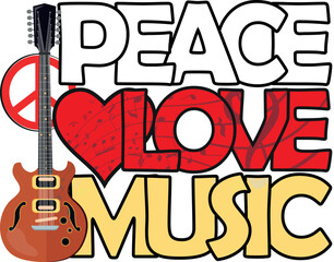 Peace Love Music. Love and Music with peace symbol. heart, musical notes and guitar in Rasta colors. 70s Love Peace Music Vector. 1970s Vintage T-shirt Design with symbols. Illustration background.