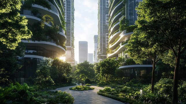 Modern city with skyscrapers covered in greenery and trees concept of eco architecture sustainable development and harmony between nature and urbanism