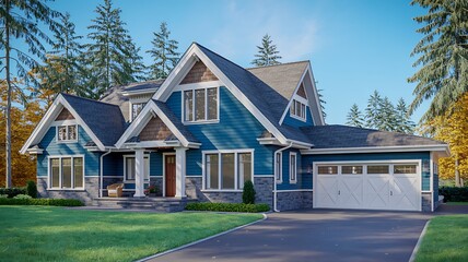 Fototapeta premium Blue Two- Story House with Garage and Landscaping home
