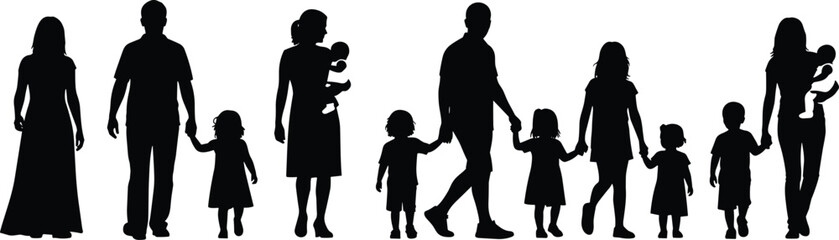 PrintBlack silhouette vector illustration of adults and children in group holding hands for family, community, unity, love, care, and lifestyle themes
