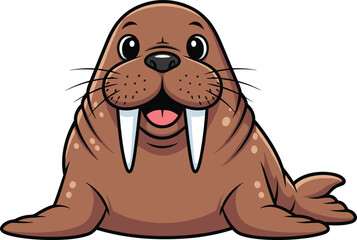 Cartoon Vector Illustration of Smiling Walrus with Open Mouth, White Tusks, and Flippers Spread in Friendly Pose on White Background © Fuad Creatives 