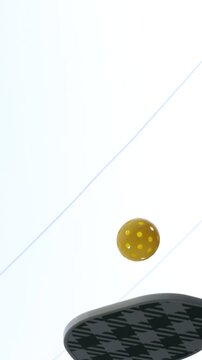 woman hitting the pickleball ball with a green pickleball paddle with the sky in the background