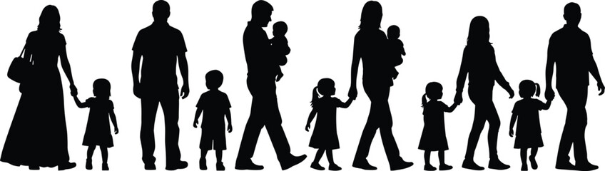 PrintBlack silhouette vector illustration of diverse family groups with parents and children in various poses for unity, love, care, community, and lifestyle themes