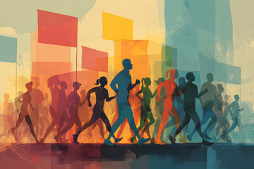 Walking marathon, people run, colorful poster. Vector illustration background silhouette