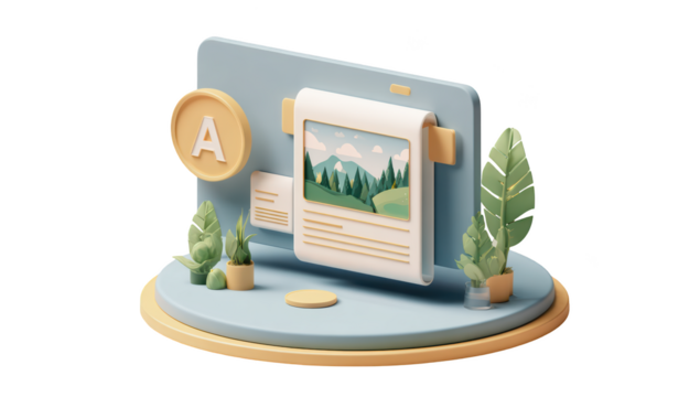 3D illustration of a digital design interface featuring a landscape image, text, and decorative plants on a light pastel platform