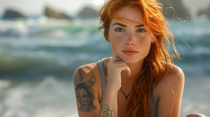 A captivating image featuring a young woman with freckles and red hair, posing candidly against a blurred ocean backdrop, exuding serenity and individuality