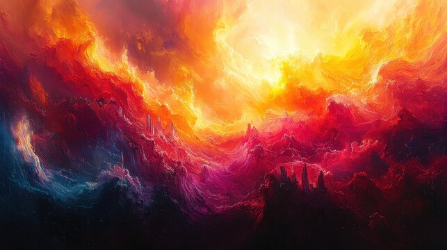 A symphony of colors erupts, transforming an abstract canvas into a pulsating cityscape, where buildings rise and fall like colossal figures, and shapes morph and dance in a vibrant, chaotic 