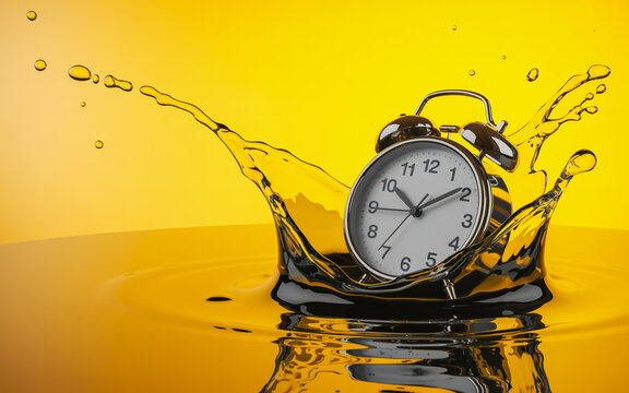 Dynamic alarm clock splashes into golden liquid capturing urgent moments and seizing opportunities
