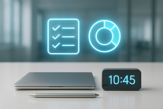 Digital checklist and pie chart icons glowing with a laptop and clock