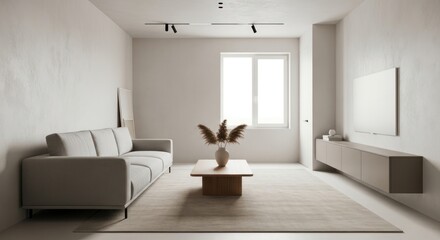 Fototapeta premium Minimalist Living Room Interior with Beige Sofa and Wooden Coffee Table