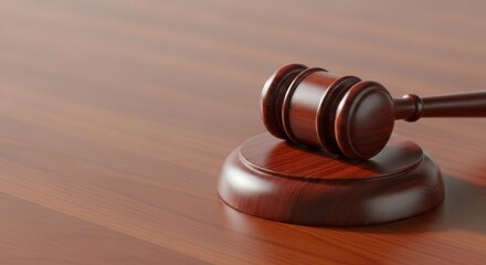 Obraz premium Judge’s gavel on polished wood surface in courtroom setting 