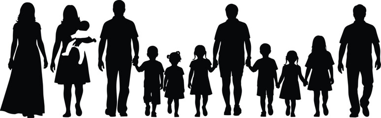 PrintBlack silhouette vector illustration of large family and community group with adults and children holding hands for unity, love, care, lifestyle themes