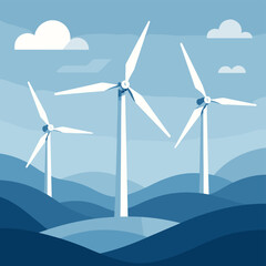 Sustainable energy: wind turbines on blue rolling hills landscape