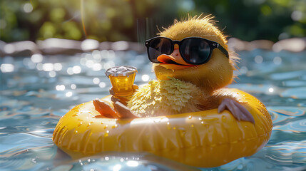 Charming scene featuring a cute duck lounging in a pool on a float with sunglasses and a cool beverage, enjoying a sunny day and showcasing relaxation and summer vibes.
