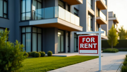 For Rent sign in front of a modern apartment building with lush green landscaping and a paved walkway, symbolizing real estate opportunities