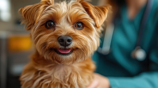 Small dog that is sitting on a table veterinarian clinic animal background