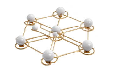 Elegant network structure with spheres and golden links on black background