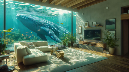 Stunning underwater living room with whale shark swimming through glass walls, modern furniture, aquatic interior design concept with ocean view.