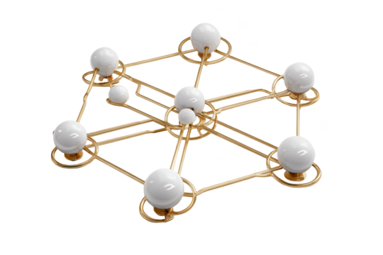 Elegant network structure with spheres and golden links on black background