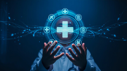 Futuristic medical technology concept showcasing a glowing cross surrounded by digital health icons