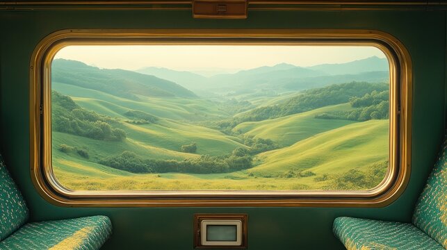 Fototapeta View of a valley through a window of a train travel concept