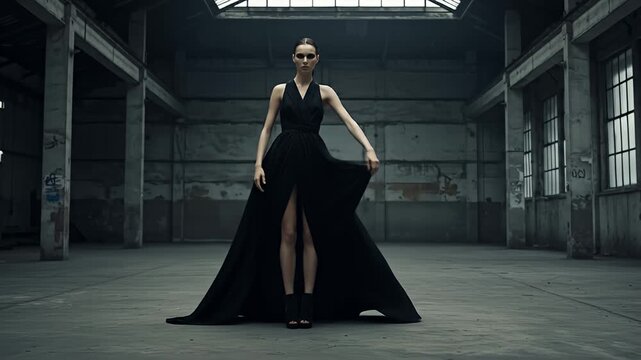 Woman in black gown with center slit stands in abandoned industrial building