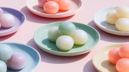 Obraz premium Minimalist Japanese-inspired apple mochi on pastel plates