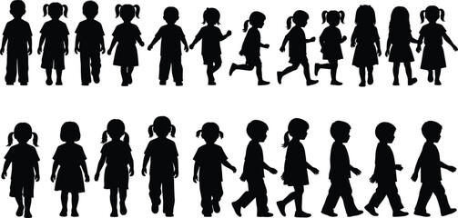 PrintBlack silhouette vector set of children in various walking, running, and standing poses for education, design, school, childhood, and character illustration