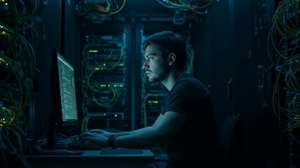 Man sits at computer in dark server room, surrounded by wires and blinking lights