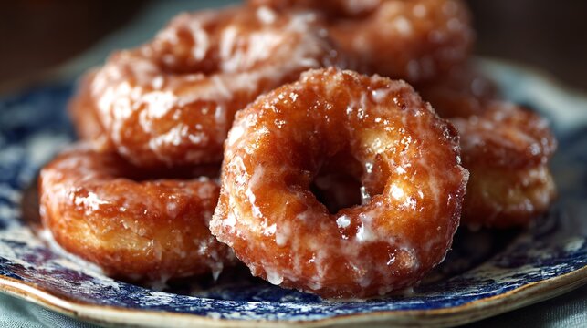 Moody close-up of sugar-glazed apple fritters on a vintage ceramic plate