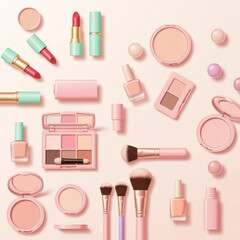  I-generated image of a flat-lay arrangement of pastel-themed makeup products on a light background.