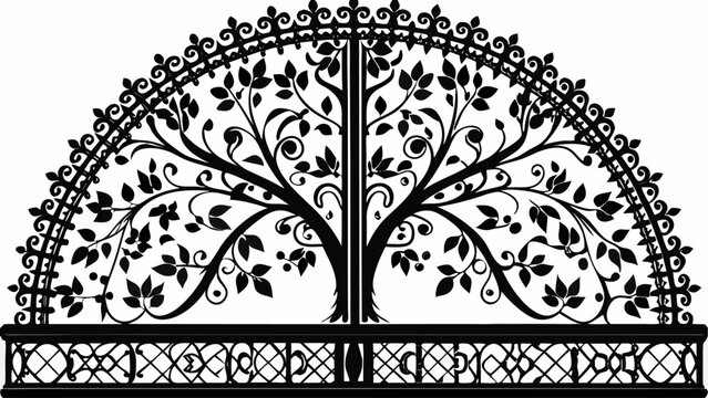Detailed black and white illustration of a wrought iron tree design with ornate decorative elements above it |  editable eps vectors silhouette
